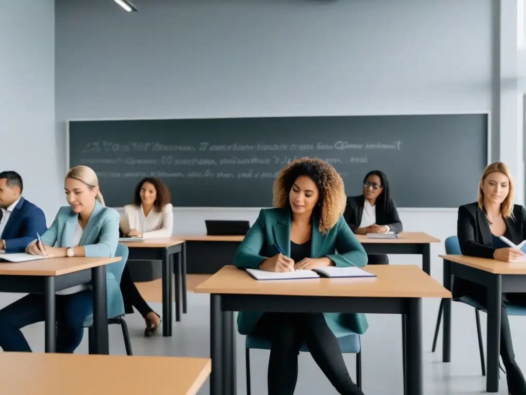 Diversos profesionales estudian juntos en un aula moderna y luminosa en Uruguay