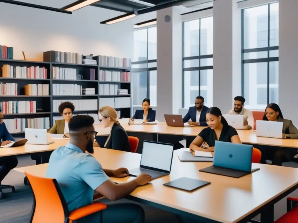 Profesionales diversos estudian juntos en un espacio coworking moderno, rodeados de libros y laptops