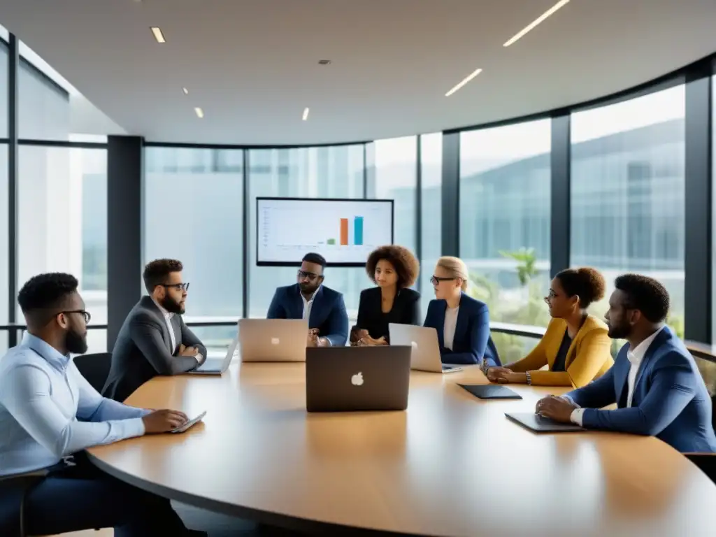 Profesionales en mesa de reuniones, colaborando en desarrollo de software educativo con metodologías ágiles