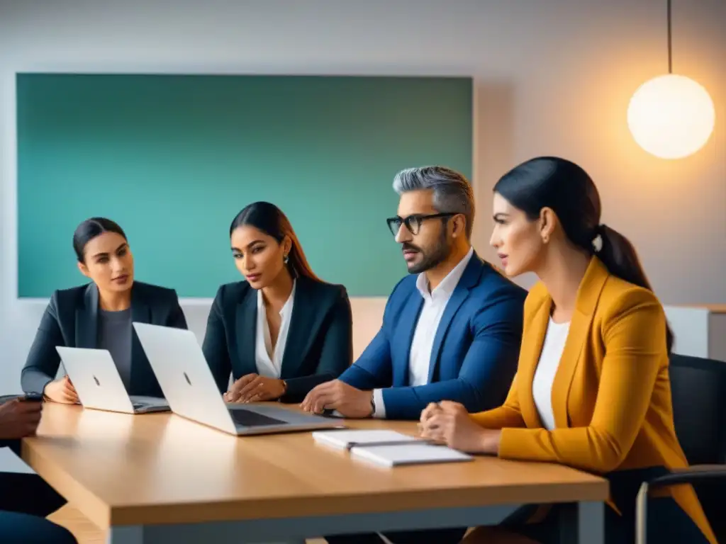 Profesionales en oficina moderna en Uruguay, con enfoque y determinación, representando la ventaja económica del inglés en Uruguay