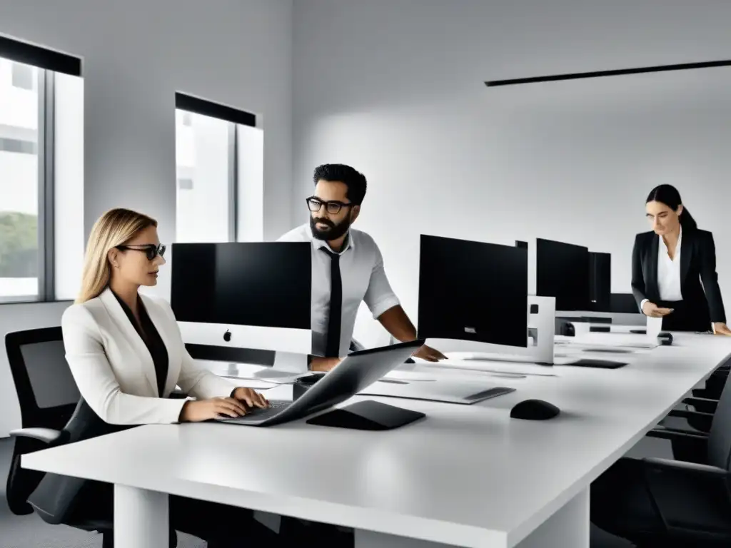 Profesionales en oficina moderna en Uruguay, fomentando la educación bilingüe y la productividad laboral