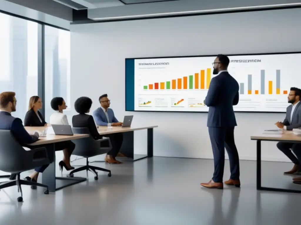 Profesionales diversos en taller financiero Profesionales en taller de educación financiera en Uruguay, colaborando y aprendiendo en ambiente moderno y profesional