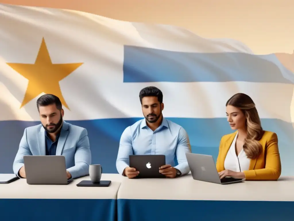 Profesionales uruguayos en cursos online, concentrados en su desarrollo, frente a la bandera de Uruguay