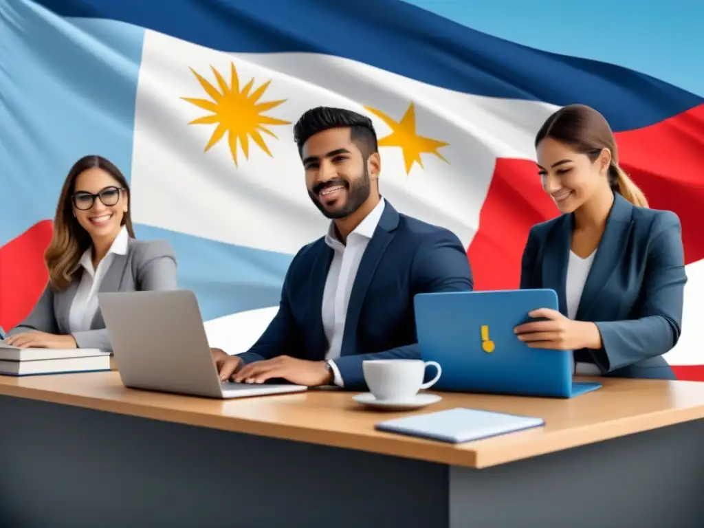 Profesionales uruguayos toman cursos online en Uruguay empleabilidad, con la bandera uruguaya de fondo