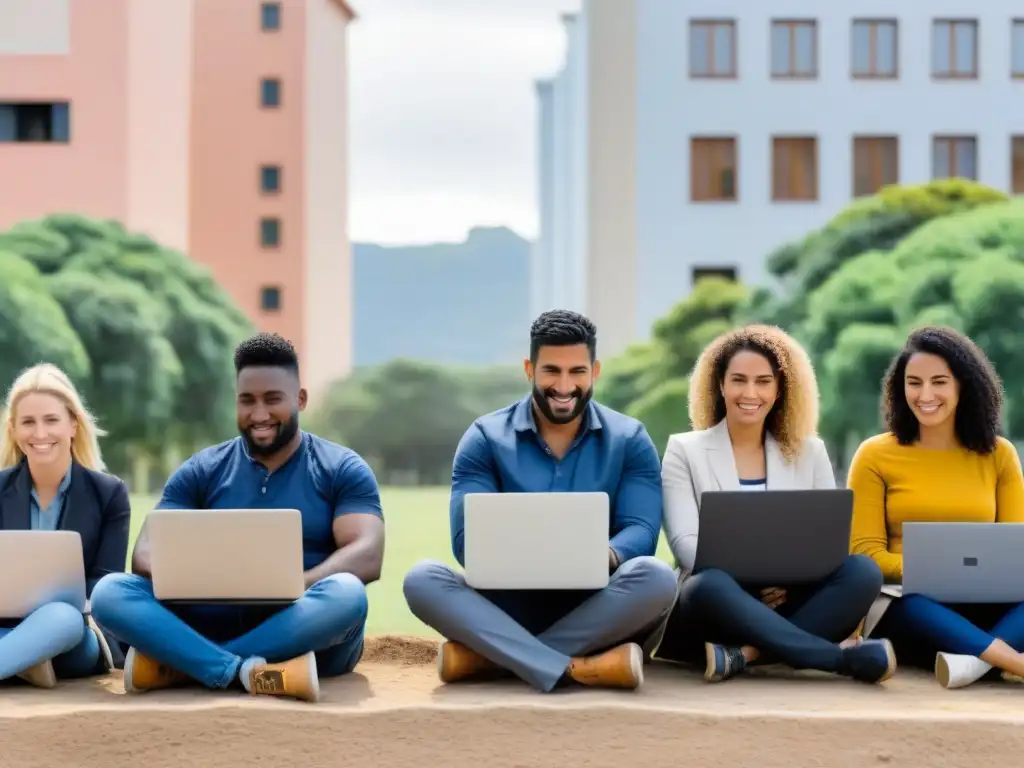 Profesionales uruguayos en cursos online certificados, concentrados en sus laptops, rodeados de paisajes urbanos y naturales