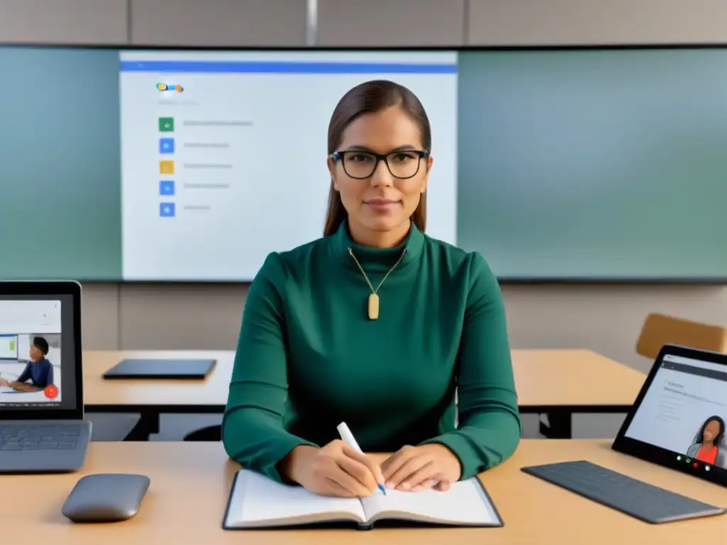 Profesor en aula virtual de Google Classroom en educación Uruguay, rodeado de dispositivos digitales y herramientas educativas, con expresión serena y concentrada