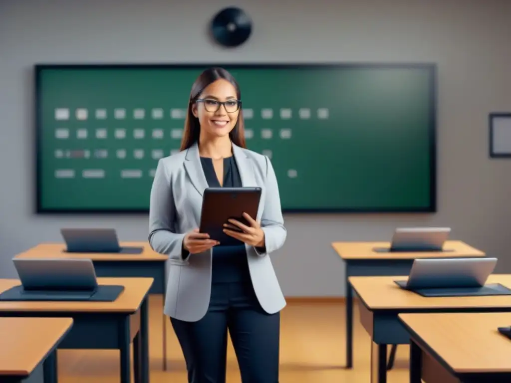 Un profesor en un aula virtual rodeado de tecnología educativa en Uruguay 2023