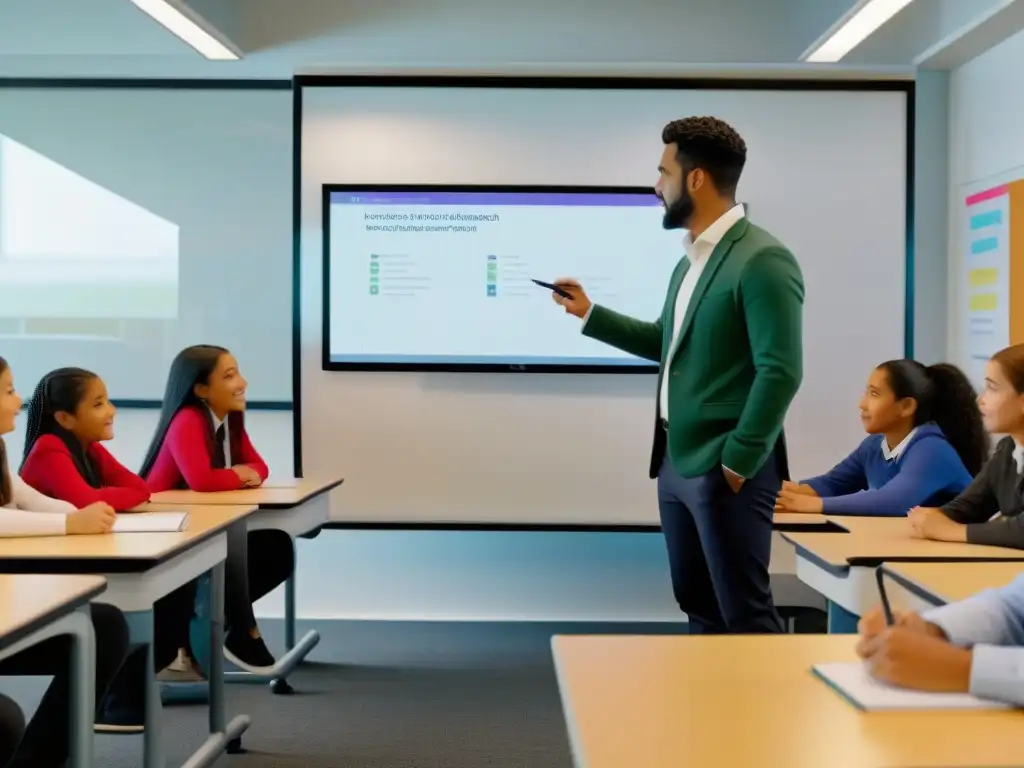 Profesor enseñando estrategias efectivas en aula bilingüe con tecnología interactiva