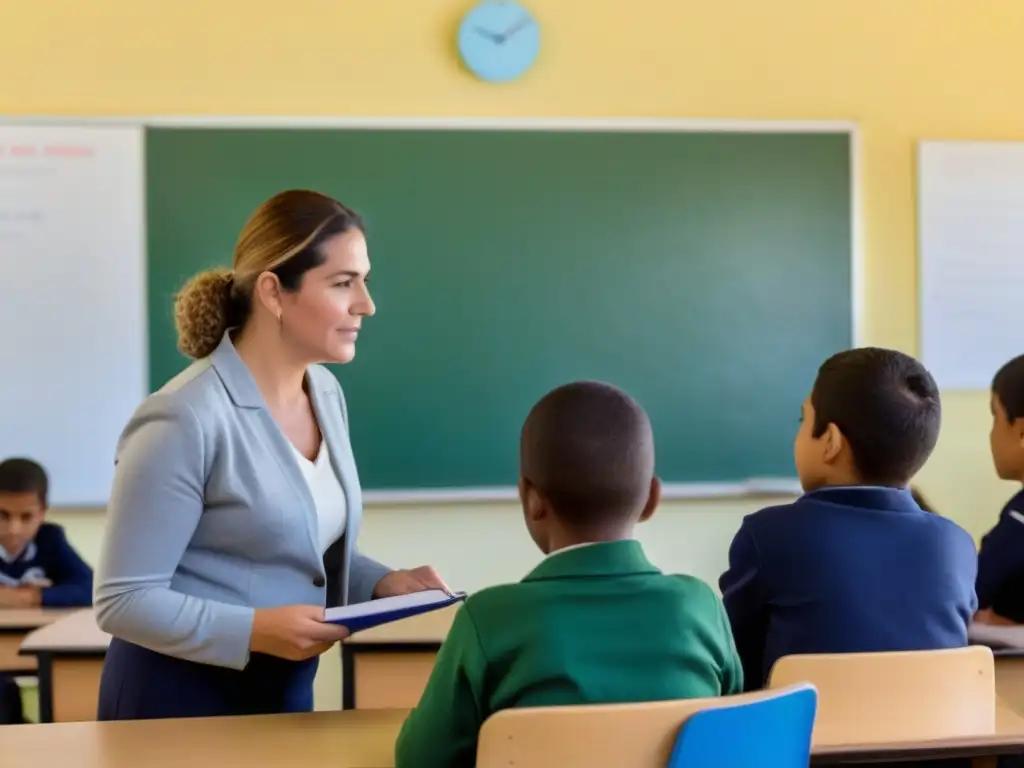 Un profesor en Uruguay realizando evaluación formativa con estudiantes en un aula moderna