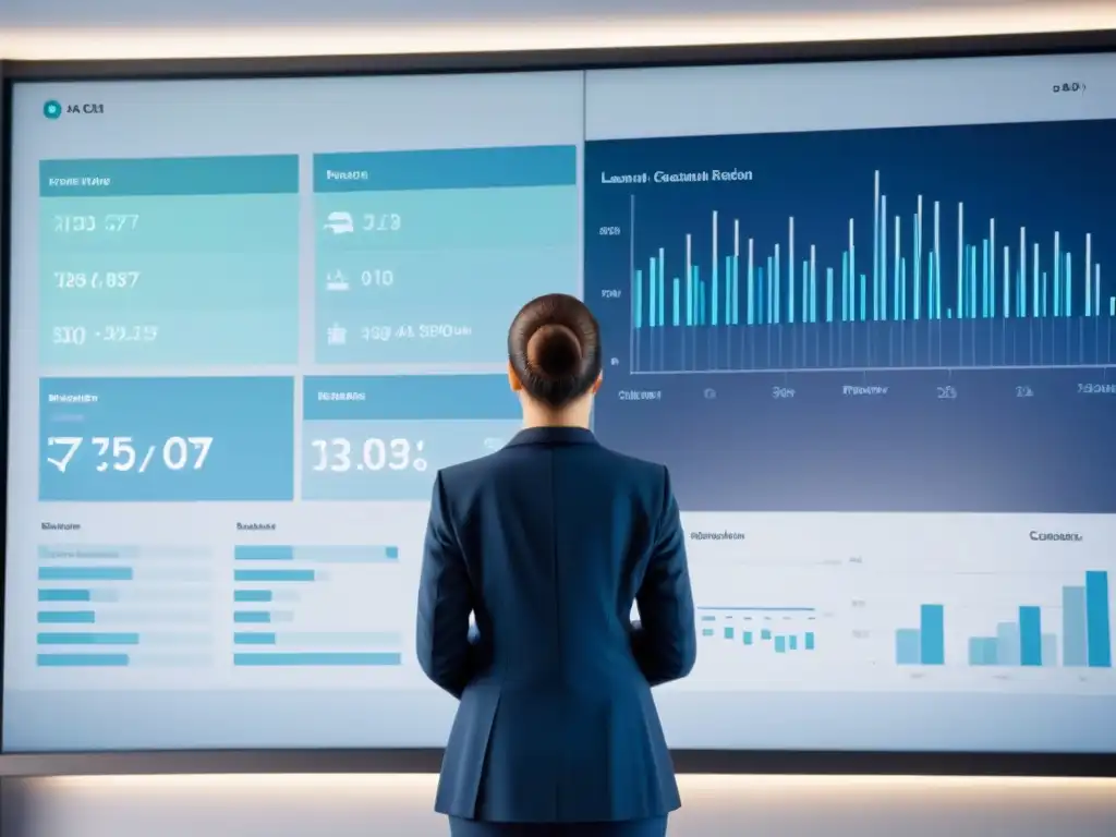 Maestro educador en aula futurista con analítica de datos Un profesor frente a una pantalla con gráficos, en un aula moderna