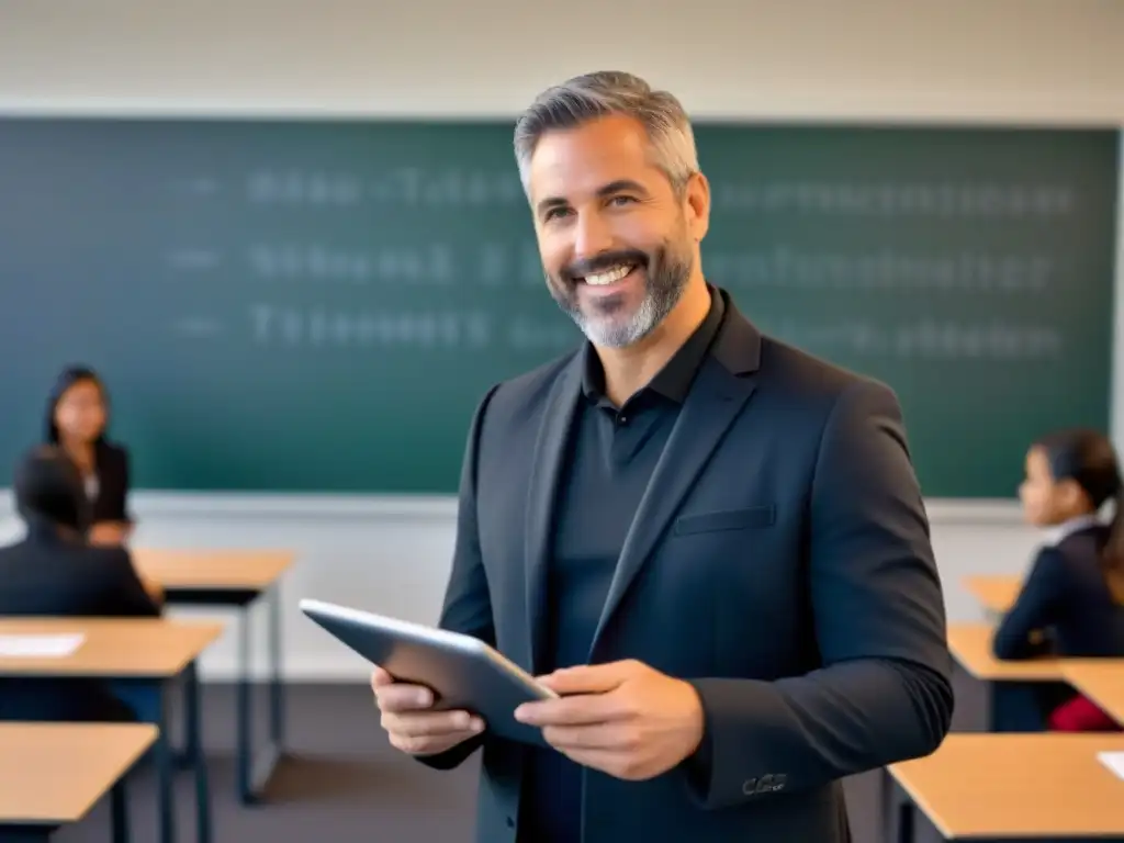 Un profesor innovador en un aula híbrida, combinando pizarras tradicionales y pantallas interactivas