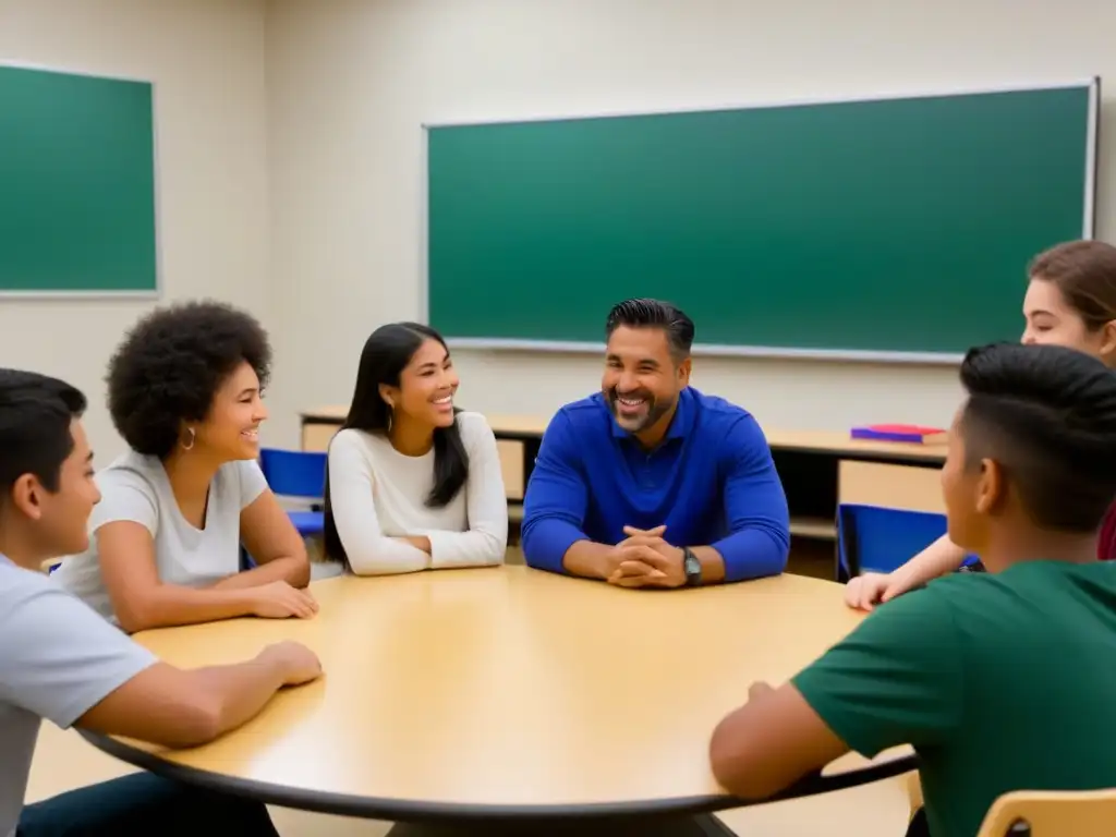 Profesor latino sonriendo guía diversa discusión en aula luminosa