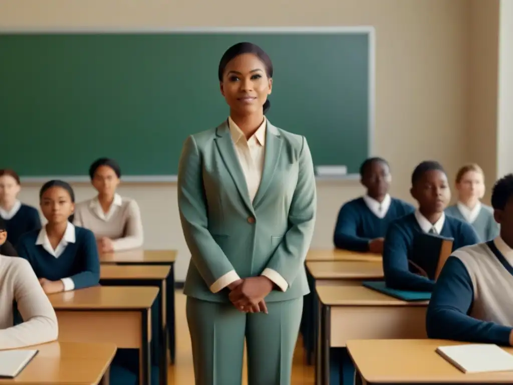 Maestra inspiradora frente a alumnos diversos Un profesor orgulloso frente a estudiantes diversos, simbolizando el impacto positivo de la formación docente en la calidad educativa