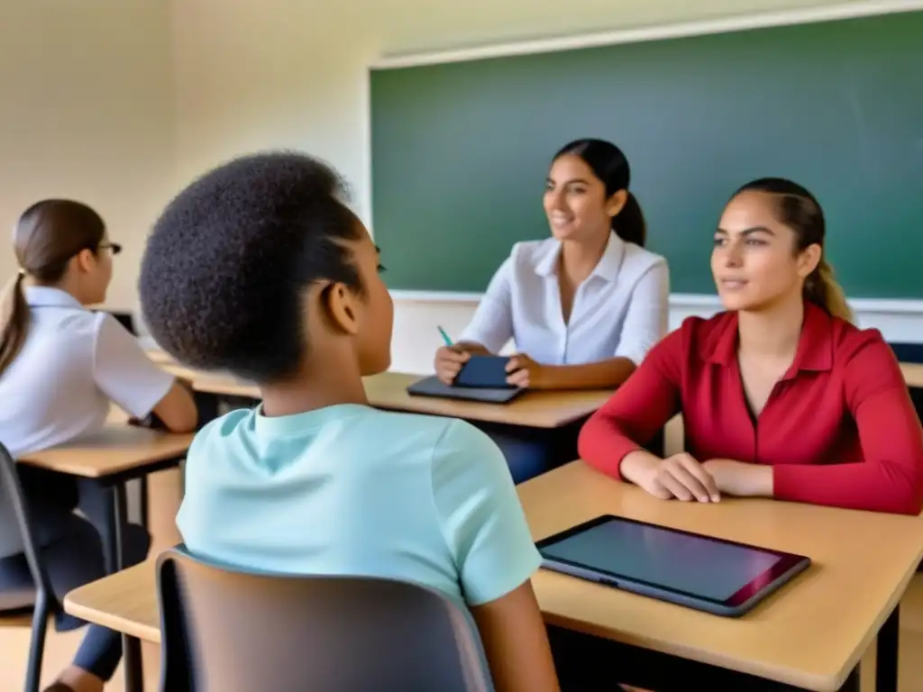 Profesor enseñando con tecnología y pizarra en aula en Uruguay: Enseñanza híbrida en Uruguay