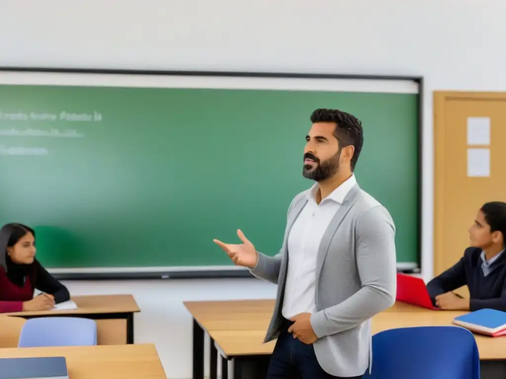 Un profesor en Uruguay enseña con tecnologías educativas avanzadas a estudiantes diversos en un aula moderna