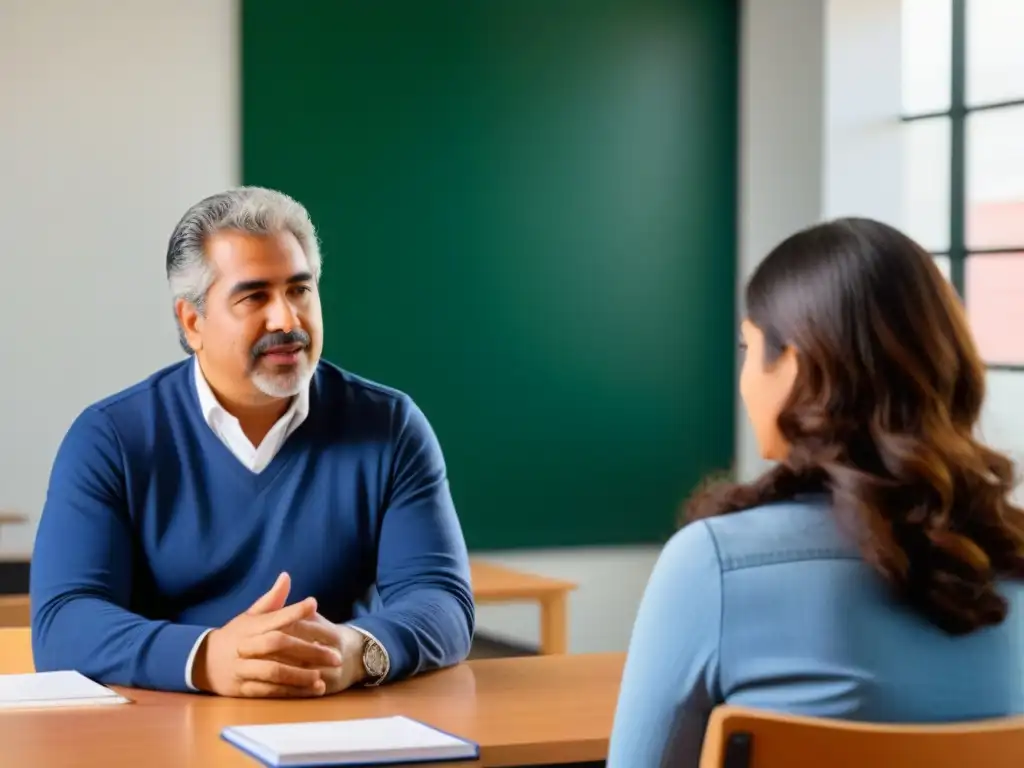 Profesor uruguayo realiza entrevista intensa con estudiante en aula moderna