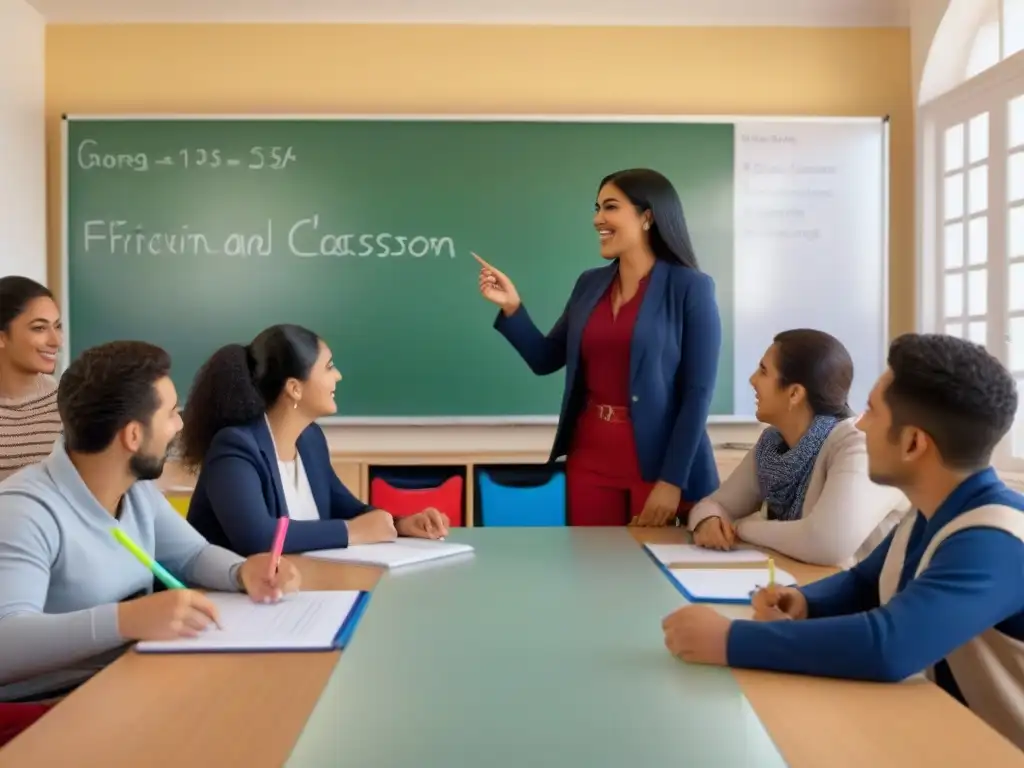 Profesor uruguayo dirige a estudiantes diversos en aula bilingüe moderna