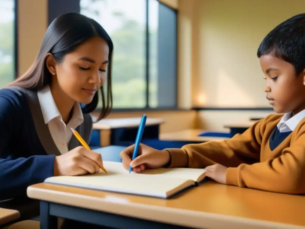 Profesora guía a alumna escribiendo en cuaderno