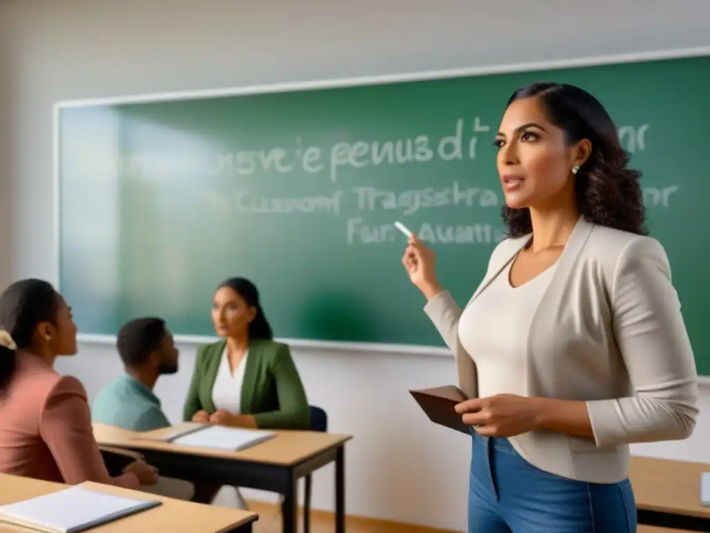 Una profesora explica a alumnos diversos en un aula luminosa y moderna