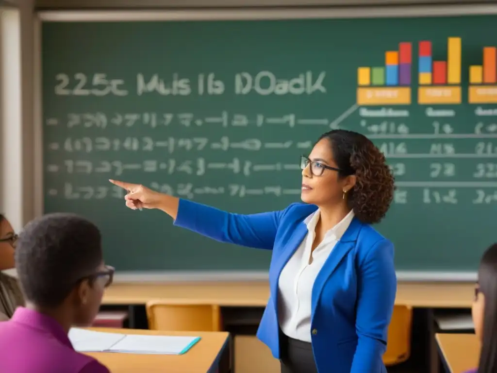 Una profesora apasionada enseña a alumnos atentos frente al pizarrón en un aula iluminada, transmitiendo dedicación y experiencia