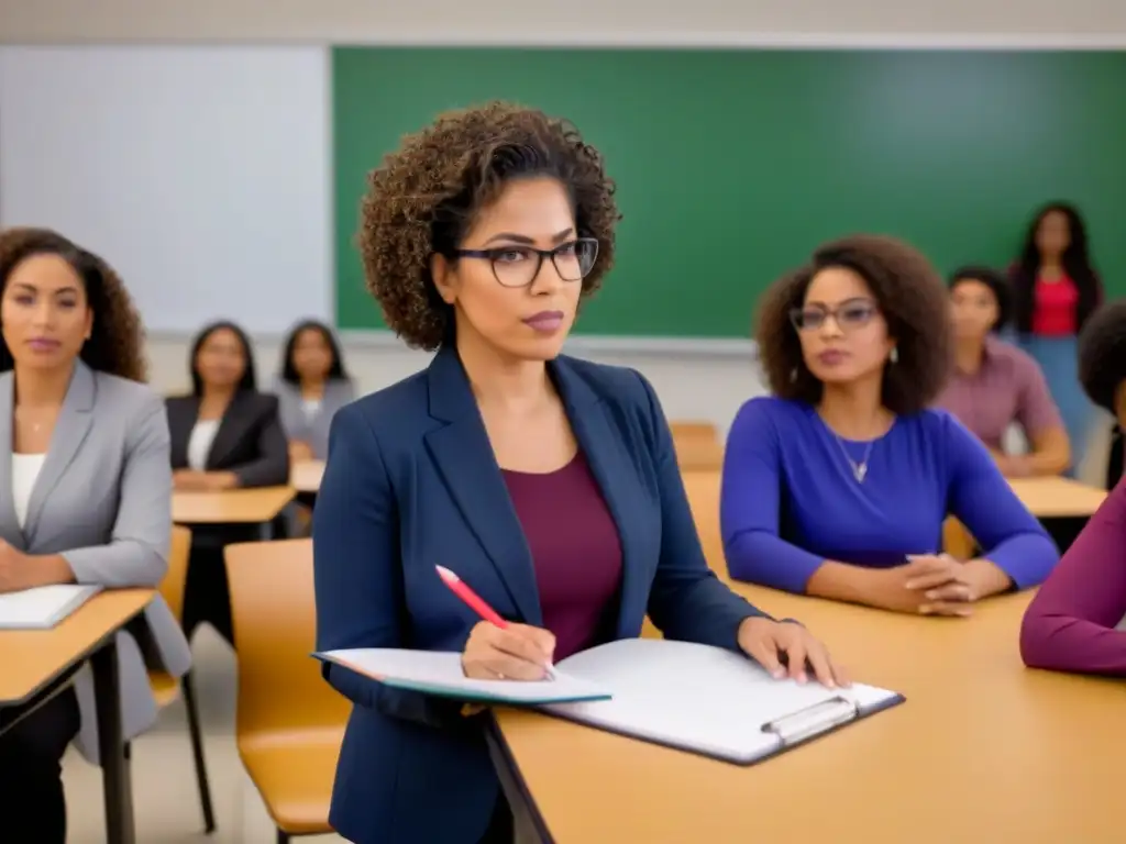 Profesora empoderada enseñando a estudiantes diversos en aula moderna Una profesora inspiradora enseñando a alumnos diversos en un aula moderna