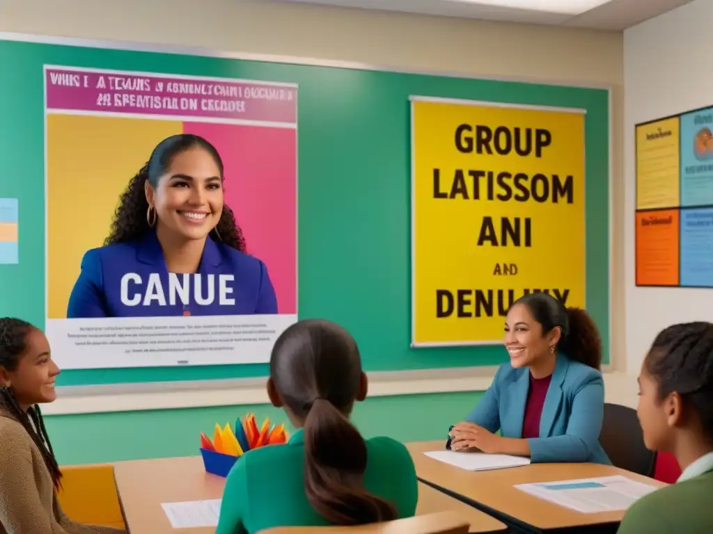 Profesora latina ayuda a estudiante sonriente en aula colorida con carteles educativos en español e inglés