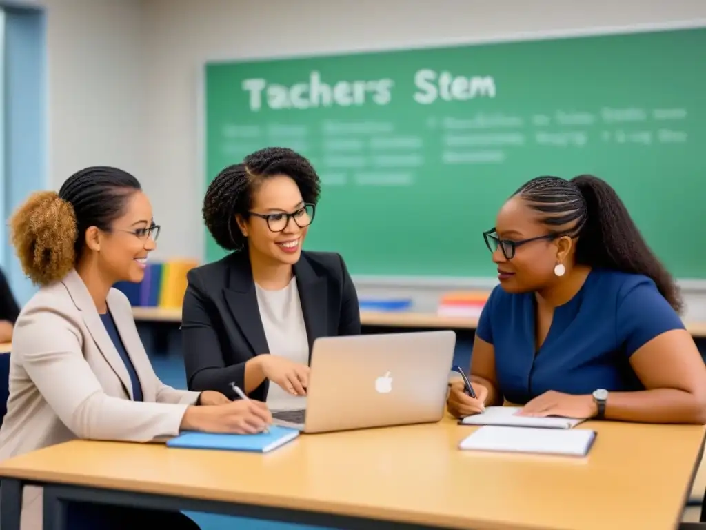 Profesores colaboran en aula moderna, planificando lecciones STEM