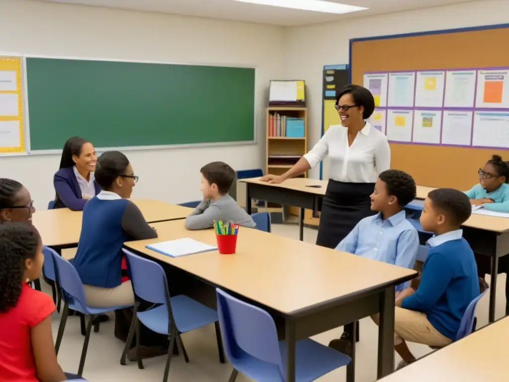 Profesores diversificados promoviendo estrategias docentes inclusivas en un aula acogedora