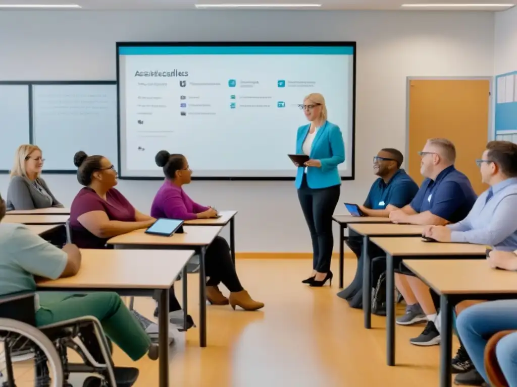 Profesores con diversas habilidades usan tecnología educativa en un aula inclusiva y moderna en Uruguay