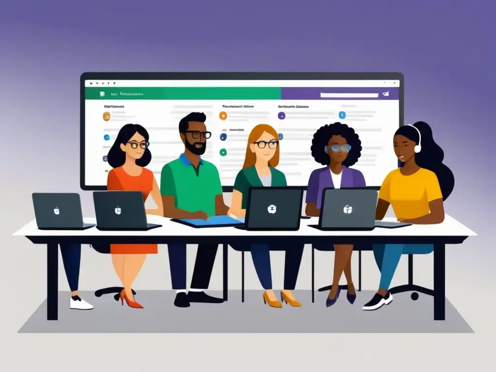 Profesores de distintos orígenes colaboran en lecciones usando Microsoft Teams, resaltando la educación y trabajo en equipo