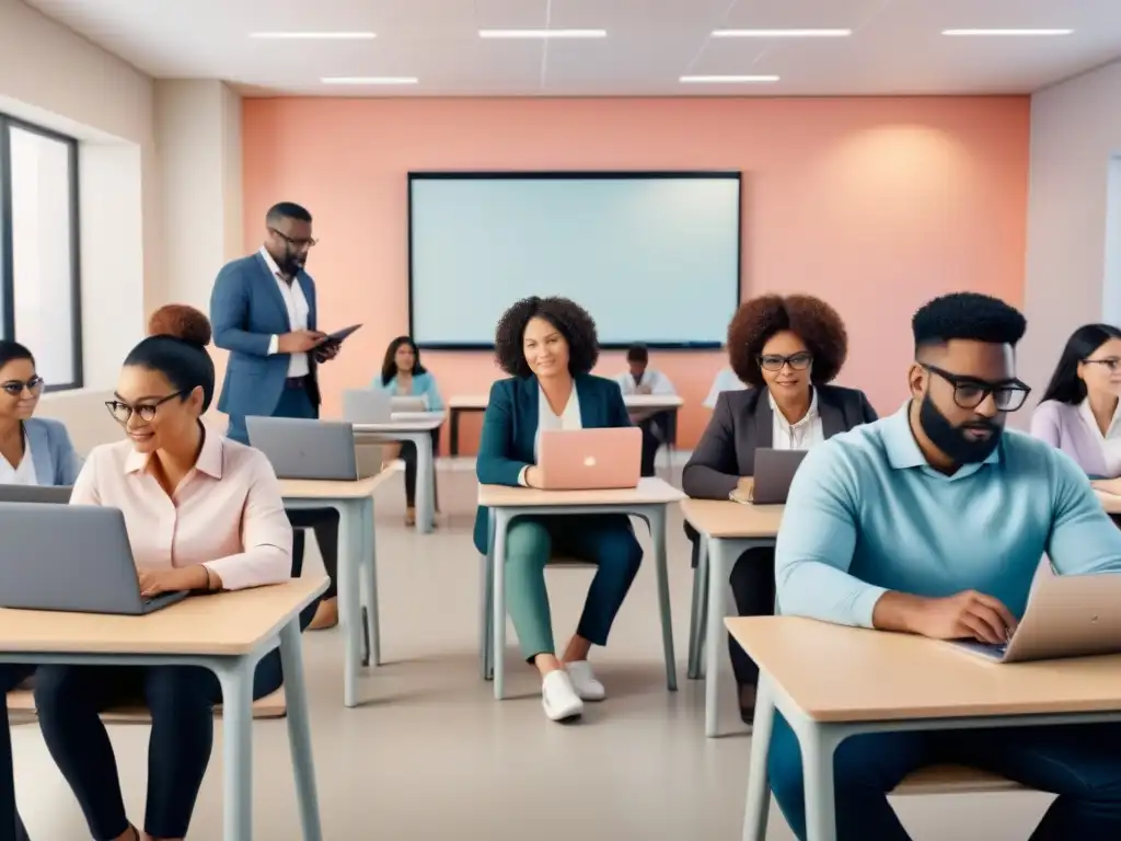 Profesores usando laptops, tablets y pizarras interactivas en aula moderna