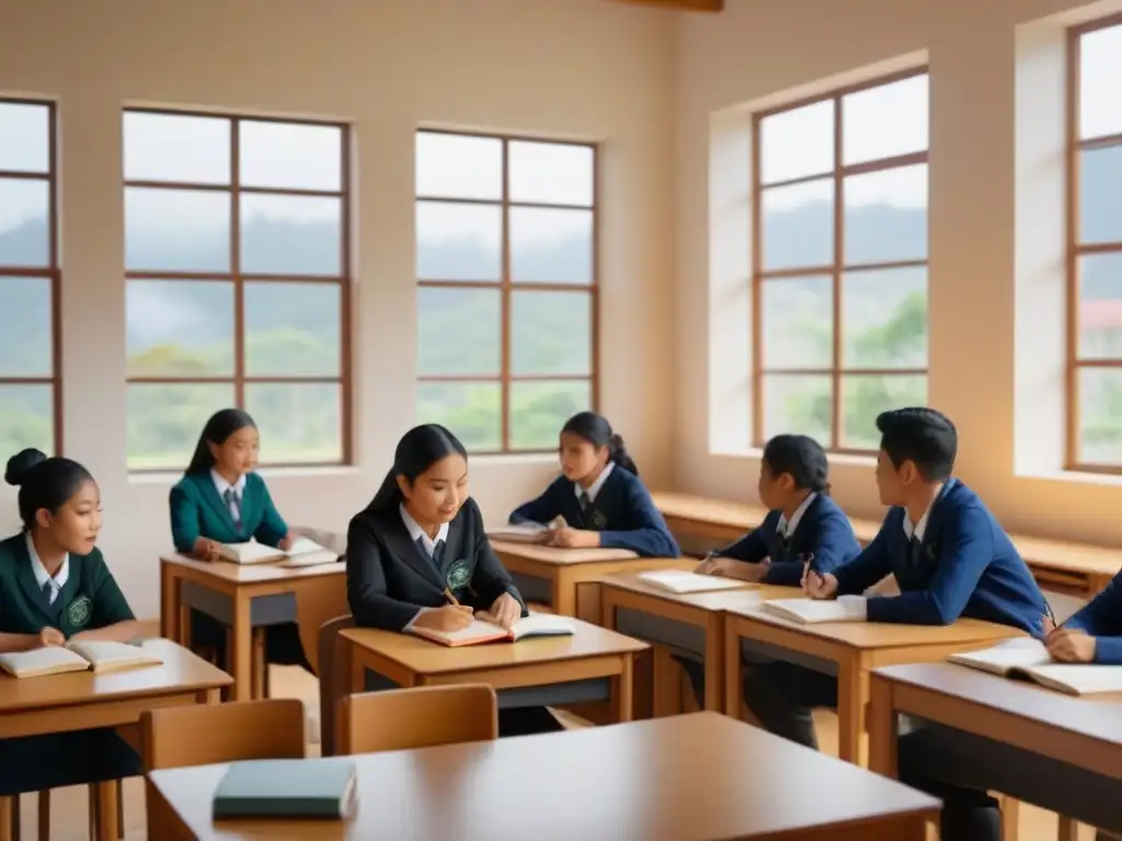 Programas bilingües exitosos en Uruguay: Estudiantes diversos participan en una actividad de idiomas en un aula luminosa y acogedora