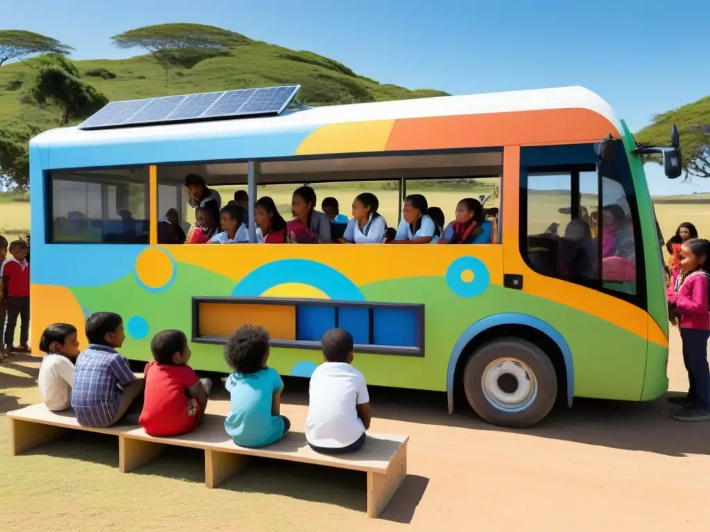 Autobús de aula móvil en Uruguay, niños participan en Proyectos educativos móviles