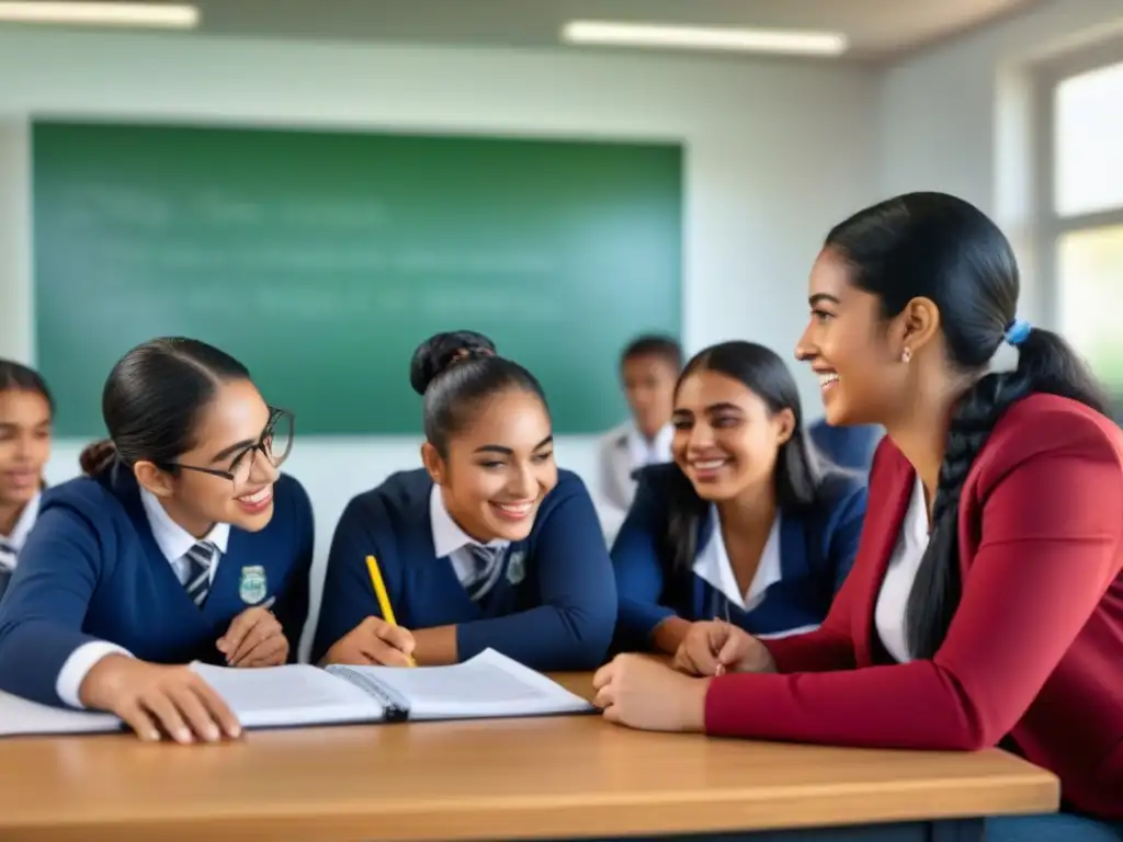 Proyectos inclusivos educación Uruguay: Estudiantes diversos colaborando felices en un aula moderna y acogedora