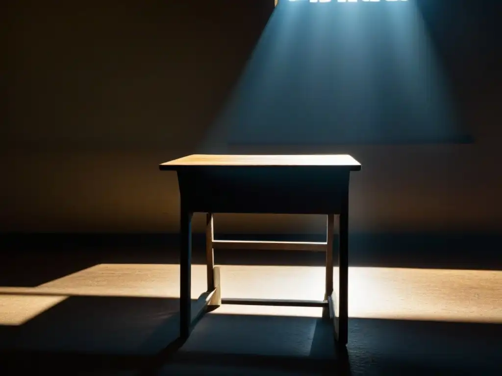 Un pupitre solitario en un aula oscura, iluminado por un rayo de luz