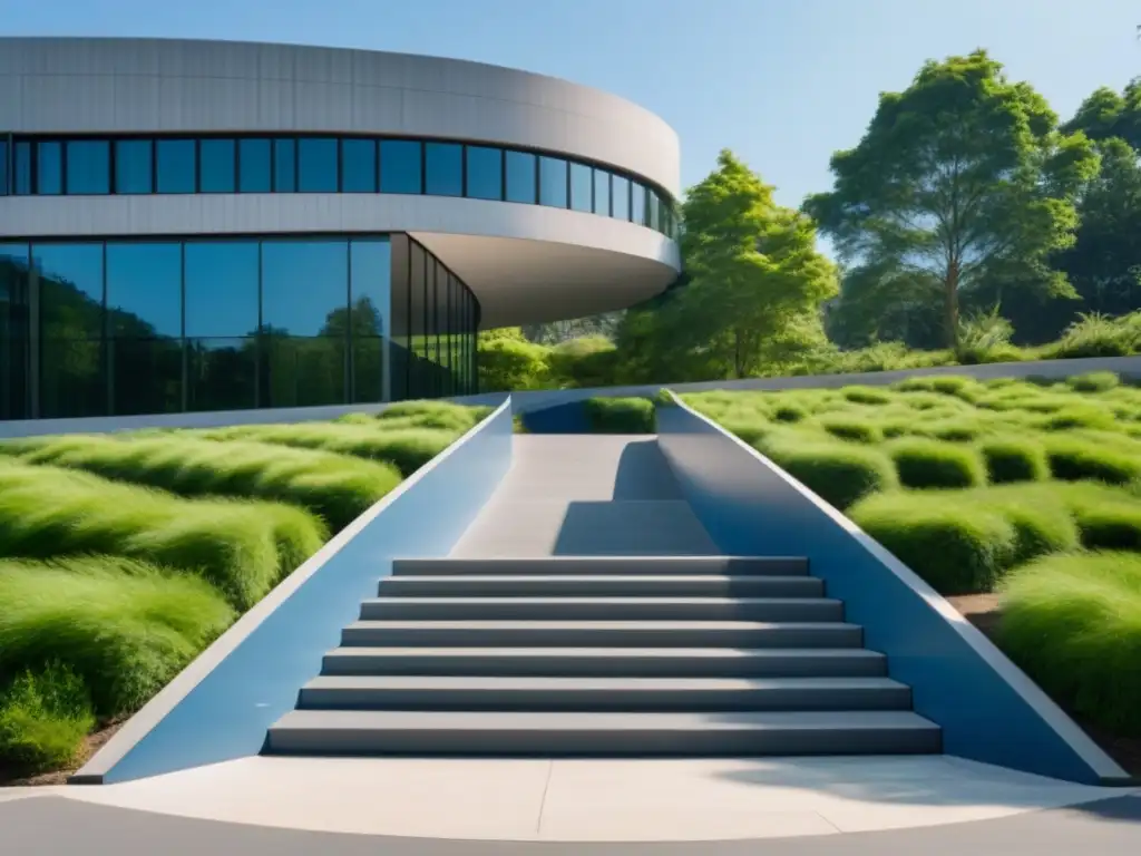 Rampa de accesibilidad en universidad moderna de Uruguay rodeada de vegetación, bajo cielo azul