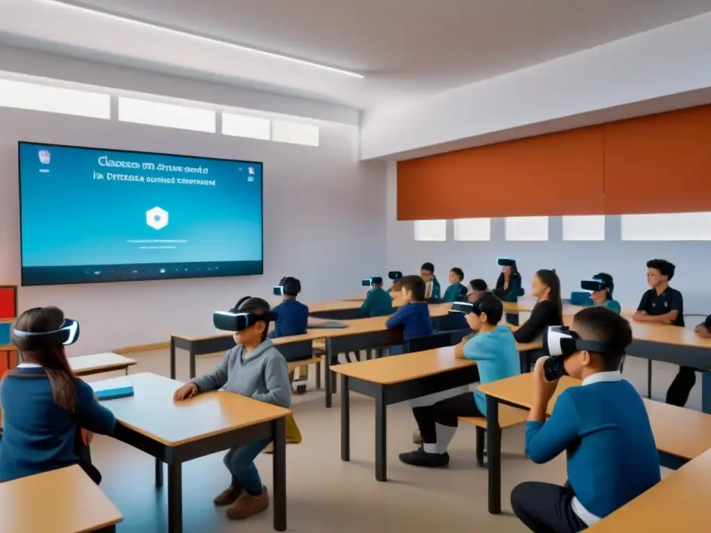 Clase virtual innovadora en Uruguay: diversidad y tecnología Inmersión en Realidad Aumentada en educación Uruguay: Aula futurista con estudiantes participando activamente