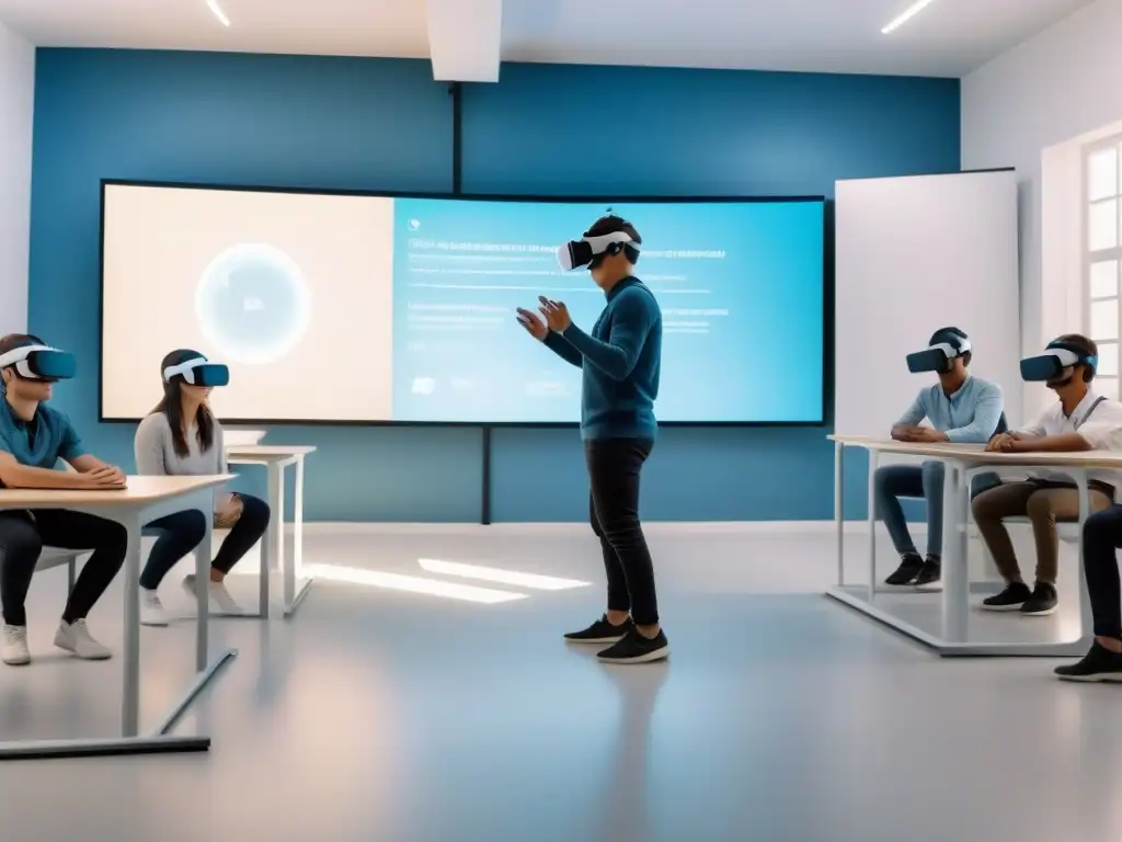 Realidad virtual en educación en Uruguay: Aula futurista con alumnos usando auriculares VR e interactuando con contenido digital en el aire