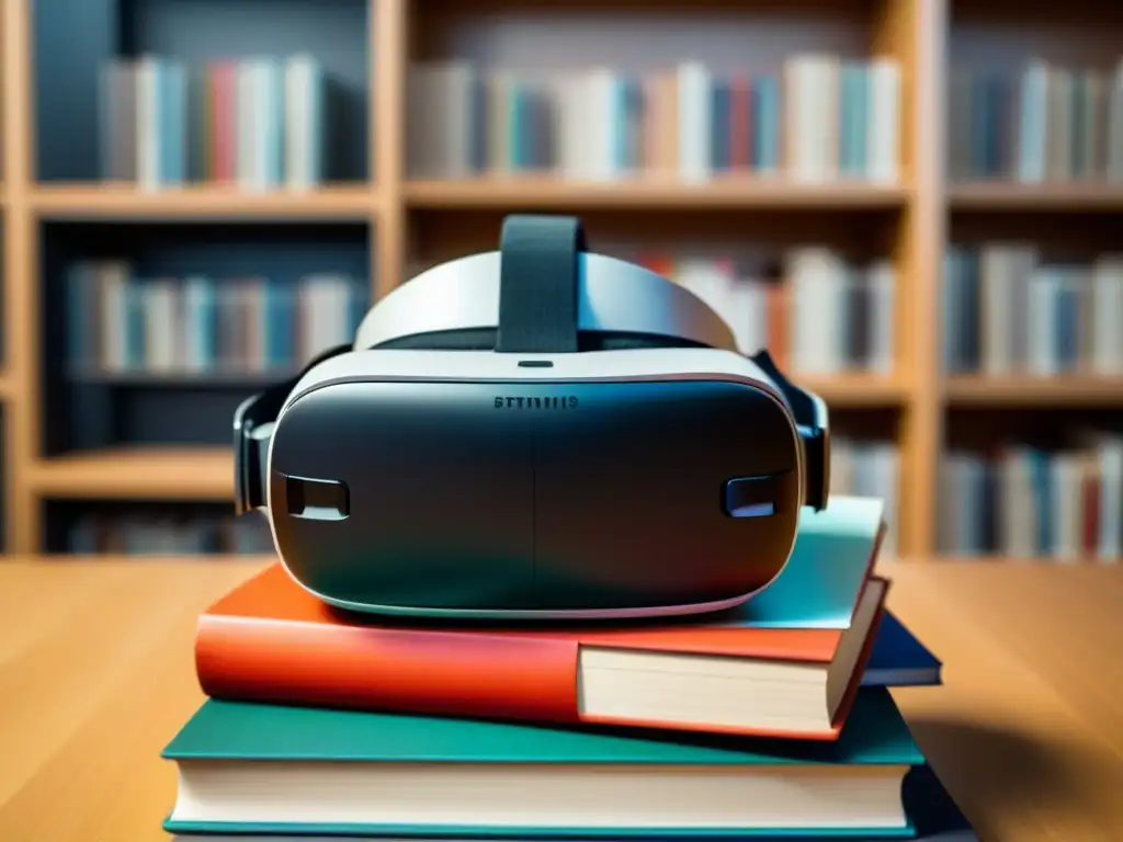 Realidad virtual en educación Uruguay: Un auricular VR sobre libros educativos, en un entorno digital académico