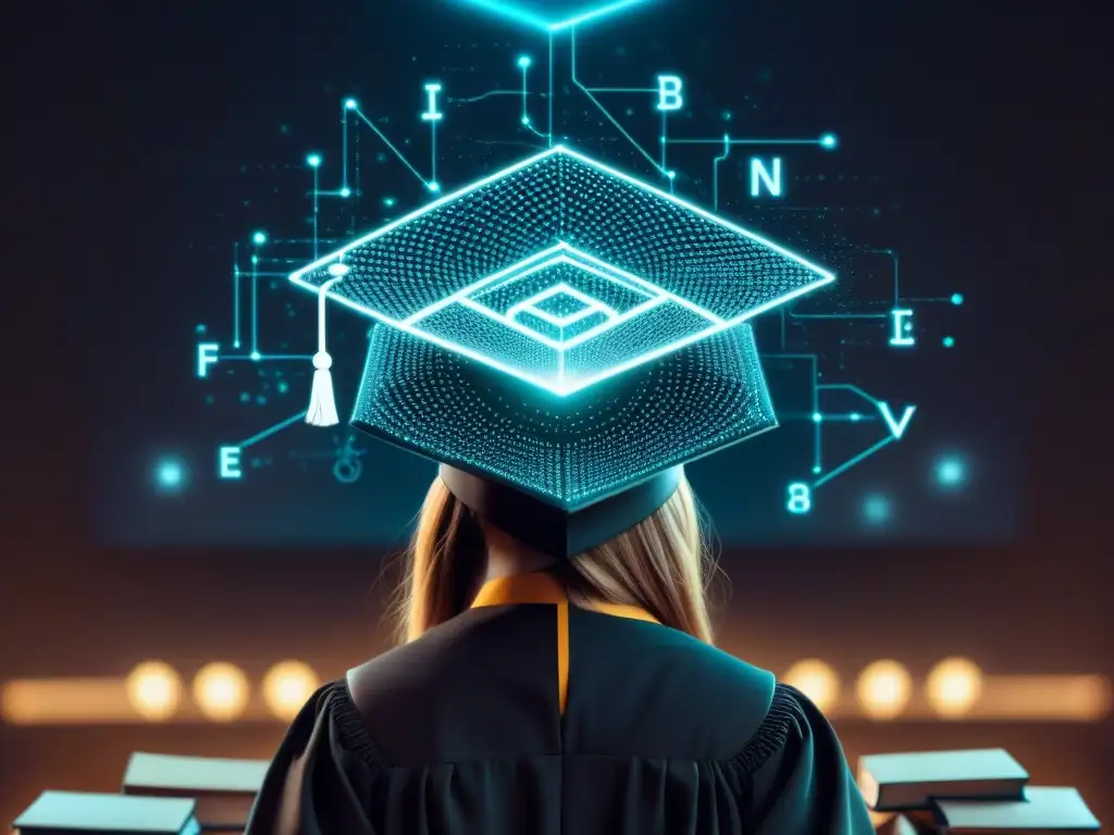 Una red blockchain brillante con símbolos educativos y un toque futurista para verificación credenciales educativas