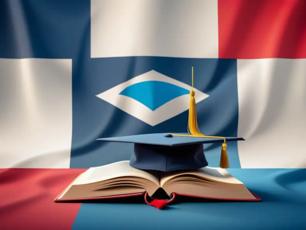 Una red blockchain futurista se entrelaza con elementos educativos, como libros y gorros de graduación, sobre la bandera de Uruguay ondeando