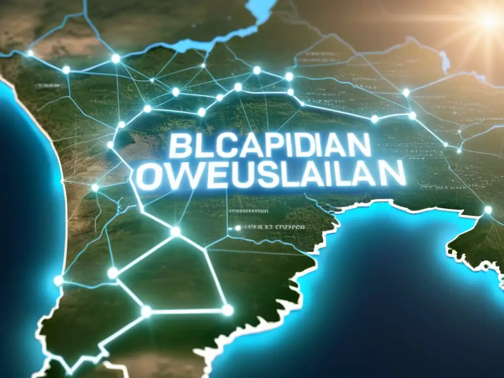 Avance educativo: Red blockchain transparente conecta instituciones en Uruguay Red de blockchain en educación en Uruguay: instituciones educativas conectadas por tecnología blockchain segura sobre mapa de Uruguay