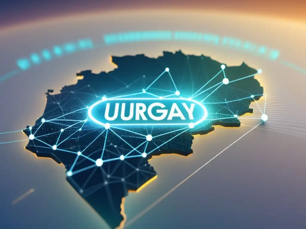 Una red futurista de nodos digitales conectados brilla sobre un mapa estilizado de Uruguay, integrando MOOCs con IA en Uruguay