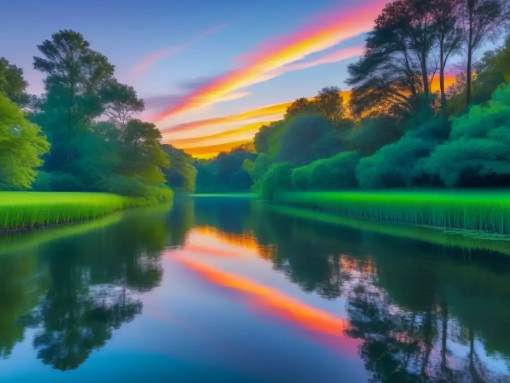 Reflejo de un atardecer en un estanque sereno rodeado de árboles verdes, transmitiendo resiliencia y salud mental para estudiantes en Uruguay