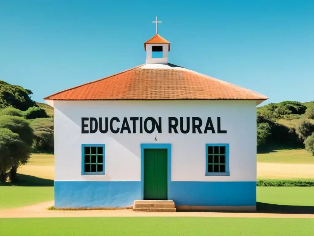 Un remanso de educación rural en Uruguay: una escuela sencilla rodeada de campos verdes bajo un cielo azul