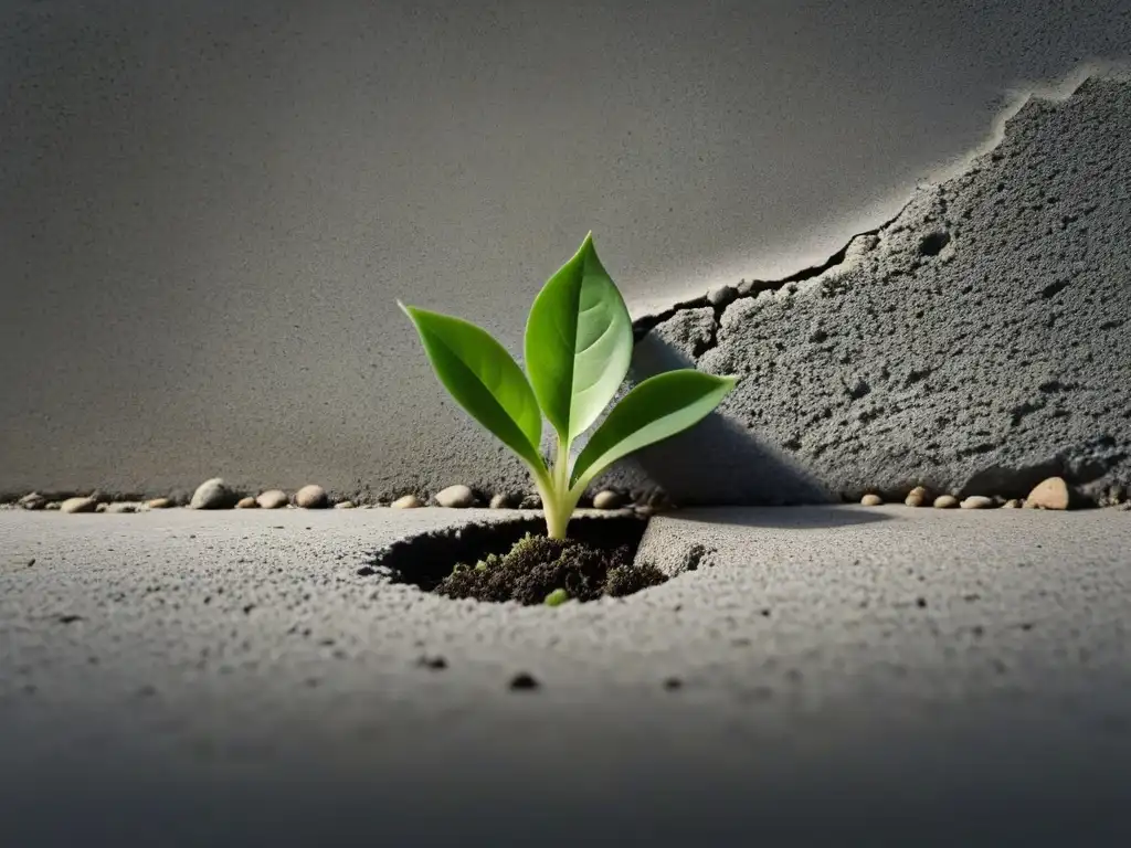 Resiliencia en proyectos educativos Uruguay: brote verde creciendo en grieta de concreto, símbolo de superación y crecimiento