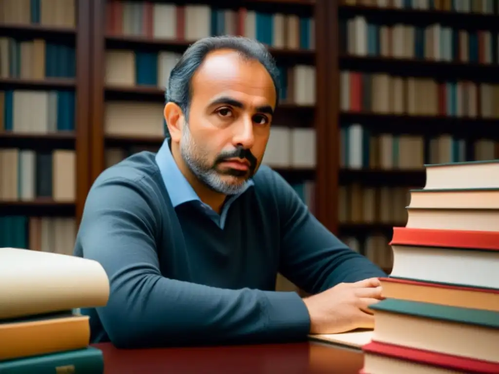 Retrato detallado de José Enrique Rodó inmerso en pensamientos filosóficos rodeado de libros, reflejando la esencia de la filosofía educativa