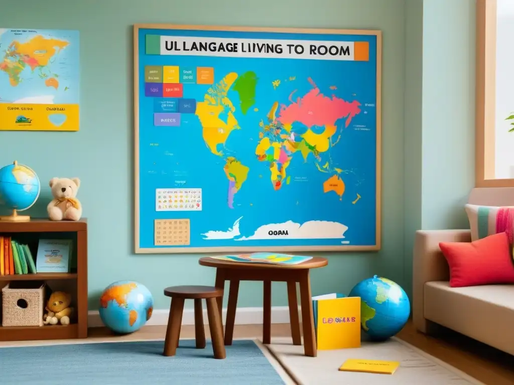 Un rincón acogedor para aprender idiomas con juegos educativos para niños en una sala soleada y tranquila