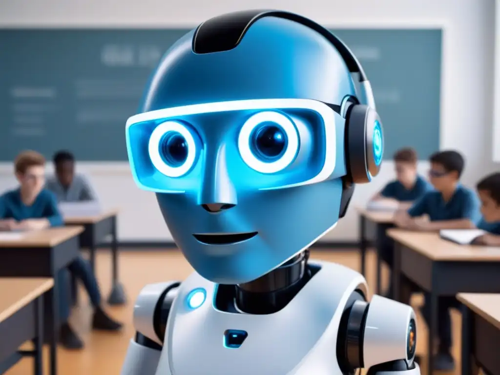 Un robot AI futurista destaca en un aula con estudiantes diversos, simbolizando la integración de la inteligencia artificial en publicidad educativa