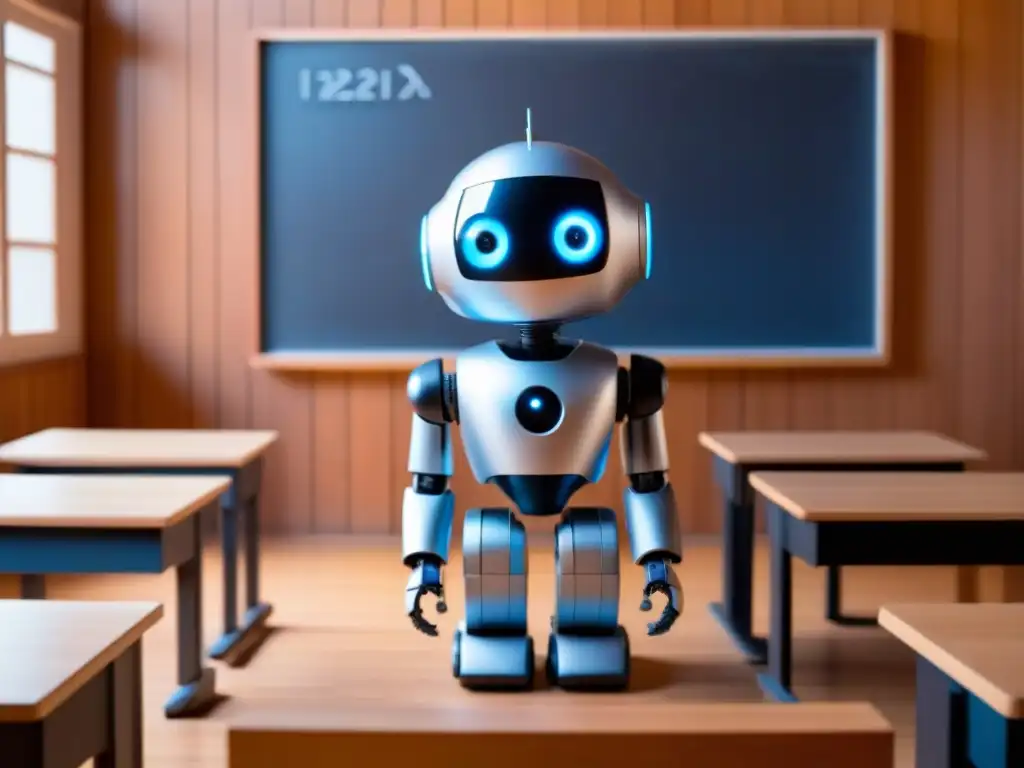 Un robot futurista de IA en un aula tradicional, simbolizando la integración de la Ética IA educación en Uruguay